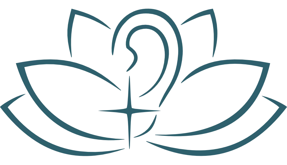 auriculotherapie-laser-evian-logo-lotus-transparent Illustration aux contours bleu canard d'une oreille et d'une étoile intégrées dans une fleur de lotus, sur fond blanc ou transparent.