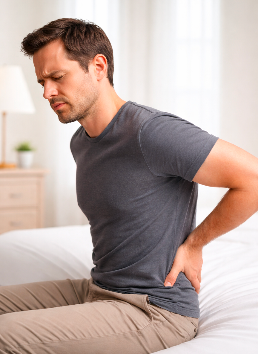 doul Femme de dos se tenant la nuque avec les deux mains, exprimant une douleur cervicale ou une tension musculaire.