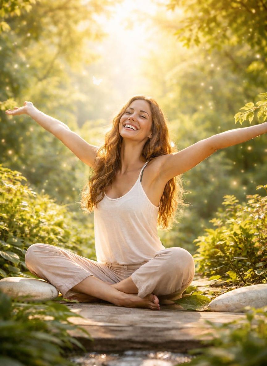 femme-serenite-nature-auriculotherapie-evian Femme souriante assise en tailleur dans une forêt lumineuse avec des papillons, symbolisant le bien-être et la libération par l'auriculothérapie.