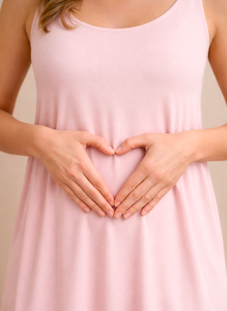 femme Mains d'une femme formant un cœur sur son ventre, symbolisant le bien-être digestif, la perte de poids, la minceur, et l'équilibre intérieur.