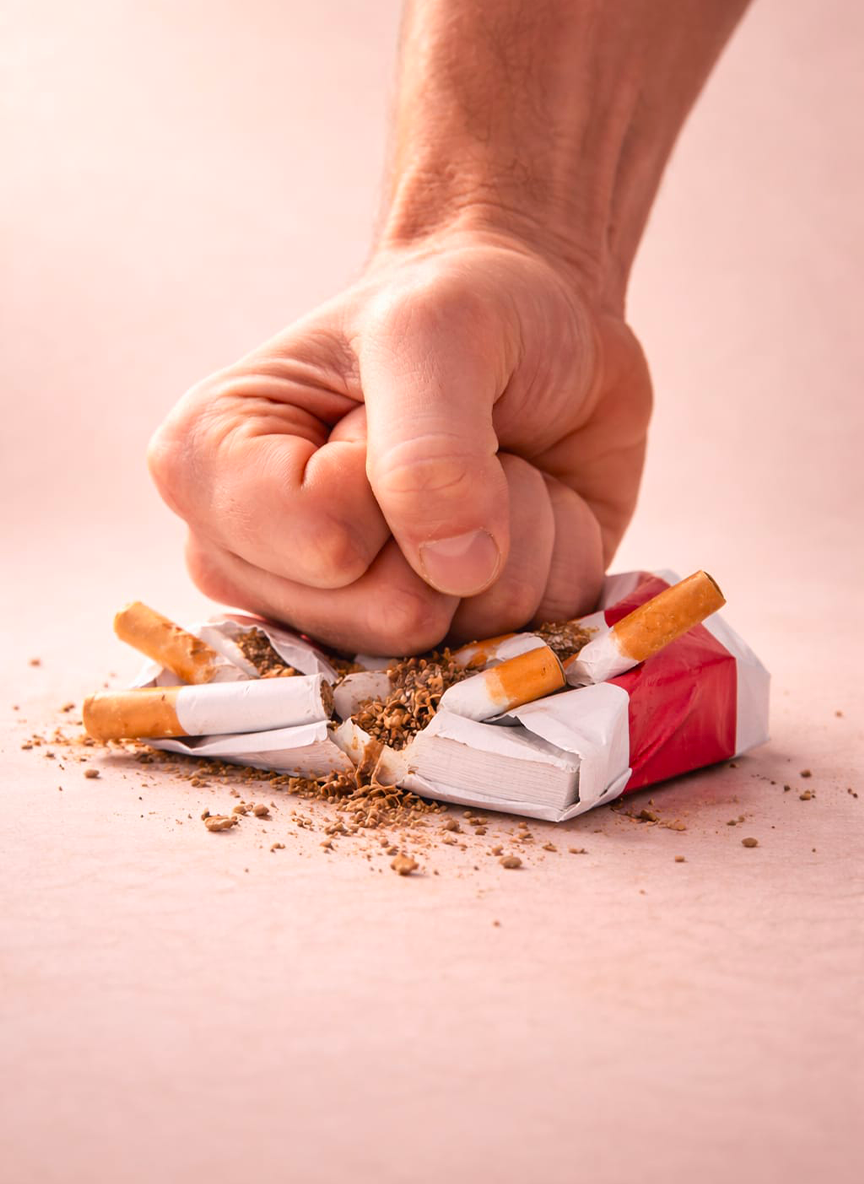 fuma Femme souriante assise en tailleur dans une forêt lumineuse avec des papillons, symbolisant le bien-être et la libération par l'auriculothérapie.